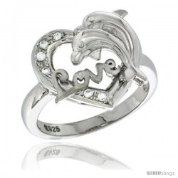 Sterling Silver DOLPHINS HEART LOVE Ring CZ stones Rhodium Finished, 21/32 in wide