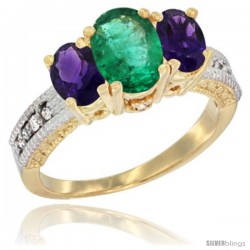 14k Yellow Gold Ladies Oval Natural Emerald 3-Stone Ring with Amethyst Sides Diamond Accent