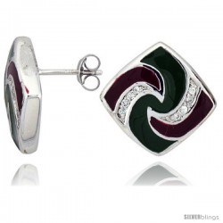 Sterling Silver 3/4" (19 mm) tall Post Earrings, Rhodium Plated w/ CZ Stones, Green & Red Enamel Designs