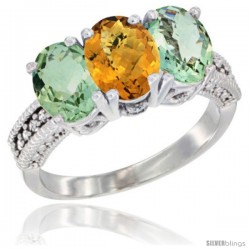 14K White Gold Natural Whisky Quartz & Green Amethyst Sides Ring 3-Stone 7x5 mm Oval Diamond Accent