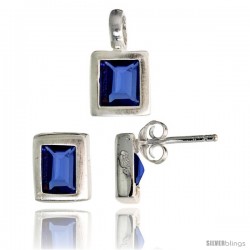 Sterling Silver Matte-finish Rectangular Earrings (8mm tall) & Pendant (13mm tall) Set, w/ Emerald Cut Blue Sapphire-colored CZ