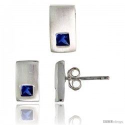 Sterling Silver Matte-finish Rectangular Earrings (10mm tall) & Pendant Slide (10mm tall) Set, w/ Princess Cut Blue