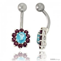 Sunflower Belly Button Ring with Amethyst and Blue Topaz Cubic Zirconia on Sterling Silver Settings