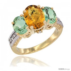 14K Yellow Gold Ladies 3-Stone Oval Natural Whisky Quartz Ring with Green Amethyst Sides Diamond Accent