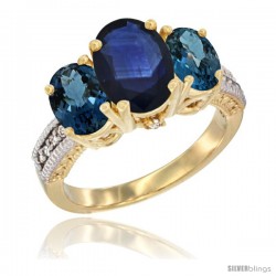 14K Yellow Gold Ladies 3-Stone Oval Natural Blue Sapphire Ring with London Blue Topaz Sides Diamond Accent