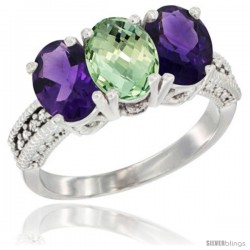10K White Gold Natural Purple & Green Amethysts Ring 3-Stone Oval 7x5 mm Diamond Accent
