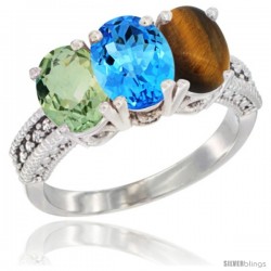 14K White Gold Natural Green Amethyst, Swiss Blue Topaz & Tiger Eye Ring 3-Stone 7x5 mm Oval Diamond Accent