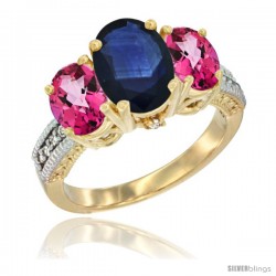 14K Yellow Gold Ladies 3-Stone Oval Natural Blue Sapphire Ring with Pink Topaz Sides Diamond Accent