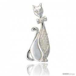 Sterling Silver Whimsical Sitting Cat Brooch Pin, 2 1/4" (58 mm) tall