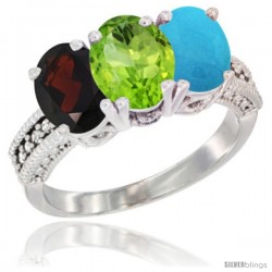 14K White Gold Natural Garnet, Peridot & Turquoise Ring 3-Stone 7x5 mm Oval Diamond Accent