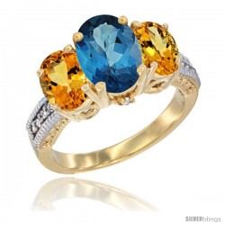14K Yellow Gold Ladies 3-Stone Oval Natural London Blue Topaz Ring with Citrine Sides Diamond Accent