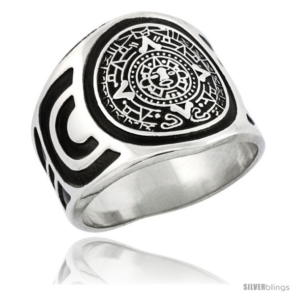 Sterling Silver Aztec Calendar Mayan Sun Men's Ring Aztec Design Sides