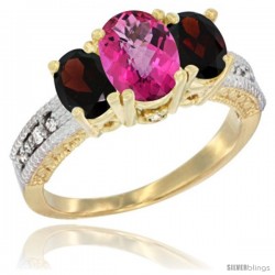 14k Yellow Gold Ladies Oval Natural Pink Topaz 3-Stone Ring with Garnet Sides Diamond Accent