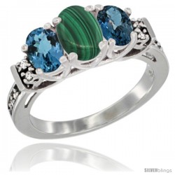 14K White Gold Natural Malachite & London Blue Ring 3-Stone Oval with Diamond Accent
