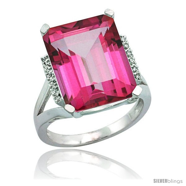 14K White Gold Diamond & Emerald Cut Pink Topaz Two Row Ring 