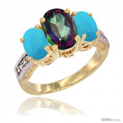 14K Yellow Gold Ladies 3-Stone Oval Natural Mystic Topaz Ring with Turquoise Sides Diamond Accent