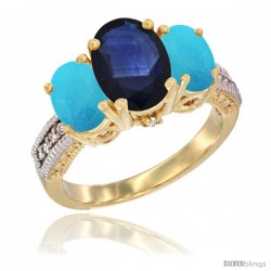 14K Yellow Gold Ladies 3-Stone Oval Natural Blue Sapphire Ring with Turquoise Sides Diamond Accent