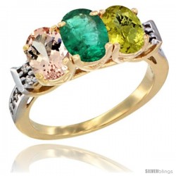 10K Yellow Gold Natural Morganite, Emerald & Lemon Quartz Ring 3-Stone Oval 7x5 mm Diamond Accent