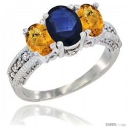 14k White Gold Ladies Oval Natural Blue Sapphire 3-Stone Ring with Whisky Quartz Sides Diamond Accent