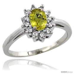14k White Gold lemon Quartz Diamond Halo Ring Oval Shape 1.2 Carat 6X4 mm, 1/2 in wide