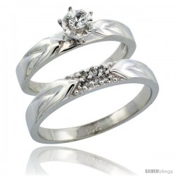 14k White Gold 2-Piece Diamond Ring Band Set w/ Rhodium Accent ( Engagement Ring & Man's Wedding Band ), w/ 0.13 Carat