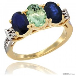 10K Yellow Gold Natural Green Amethyst & Blue Sapphire Sides Ring 3-Stone Oval 7x5 mm Diamond Accent