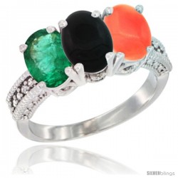 10K White Gold Natural Emerald, Black Onyx & Coral Ring 3-Stone Oval 7x5 mm Diamond Accent