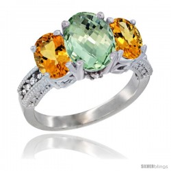 14K White Gold Ladies 3-Stone Oval Natural Green Amethyst Ring with Citrine Sides Diamond Accent