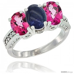 10K White Gold Natural Lapis & Pink Topaz Sides Ring 3-Stone Oval 7x5 mm Diamond Accent