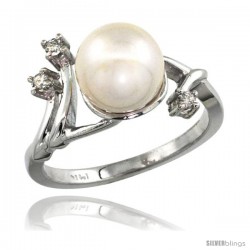 14k White Gold Diamond Vine Pearl Ring w/ 0.085 Carat Brilliant Cut ( H-I Color VS2-SI1 Clarity ) Diamonds & 9mm White Pearl