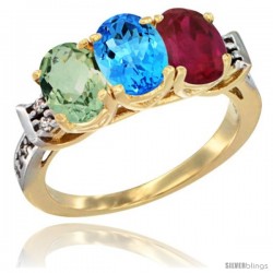10K Yellow Gold Natural Green Amethyst, Swiss Blue Topaz & Ruby Ring 3-Stone Oval 7x5 mm Diamond Accent
