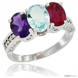 14K White Gold Natural Amethyst, Aquamarine & Ruby Ring 3-Stone 7x5 mm Oval Diamond Accent