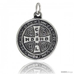 Sterling Silver St. Benedict Round-shaped Medal Pendant, 7/8" (23 mm) tall